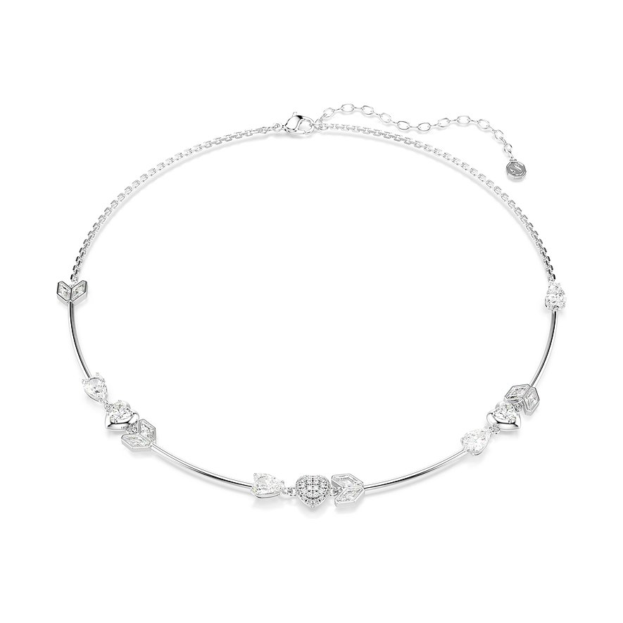 Swarovski Halskette aus Metall mit verschiedenen, klaren Swarovski-Kristallen in Herz-, Tropfen- und geometrischen Formen.