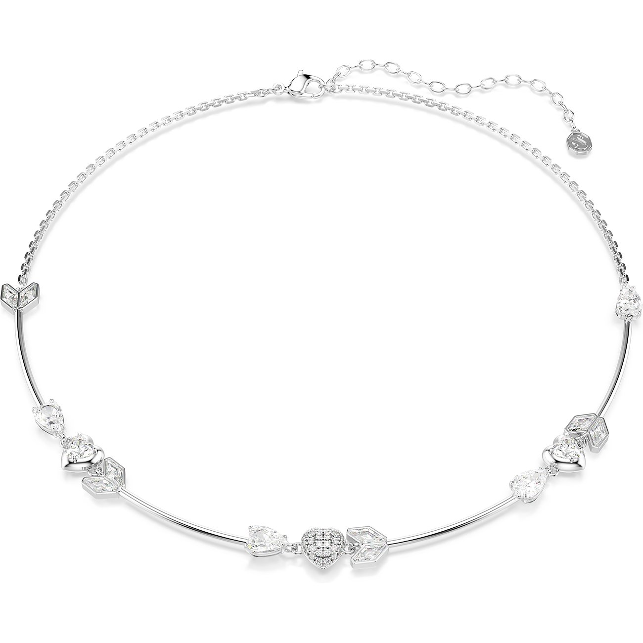 Swarovski Halskette aus Metall mit verschiedenen, klaren Swarovski-Kristallen in Herz-, Tropfen- und geometrischen Formen.