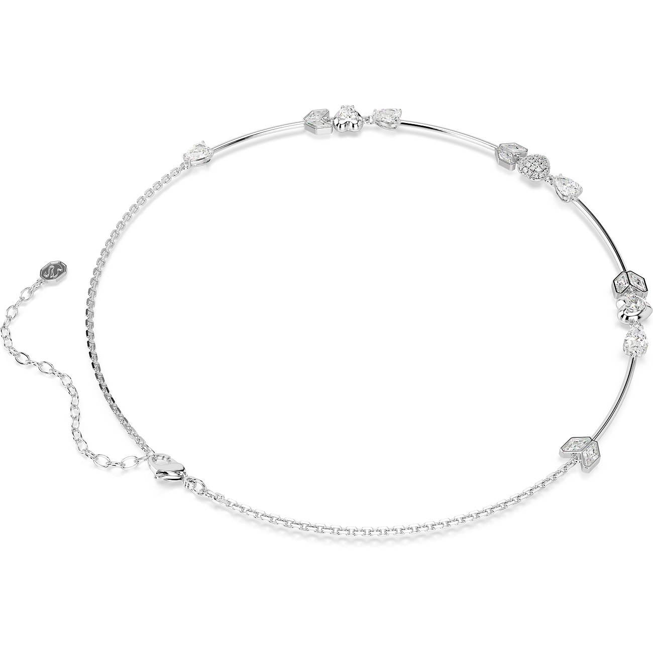 Swarovski Halskette aus Metall mit glitzernden Swarovski-Kristallen in abstrakten Formen und anpassbarer Verlängerung.