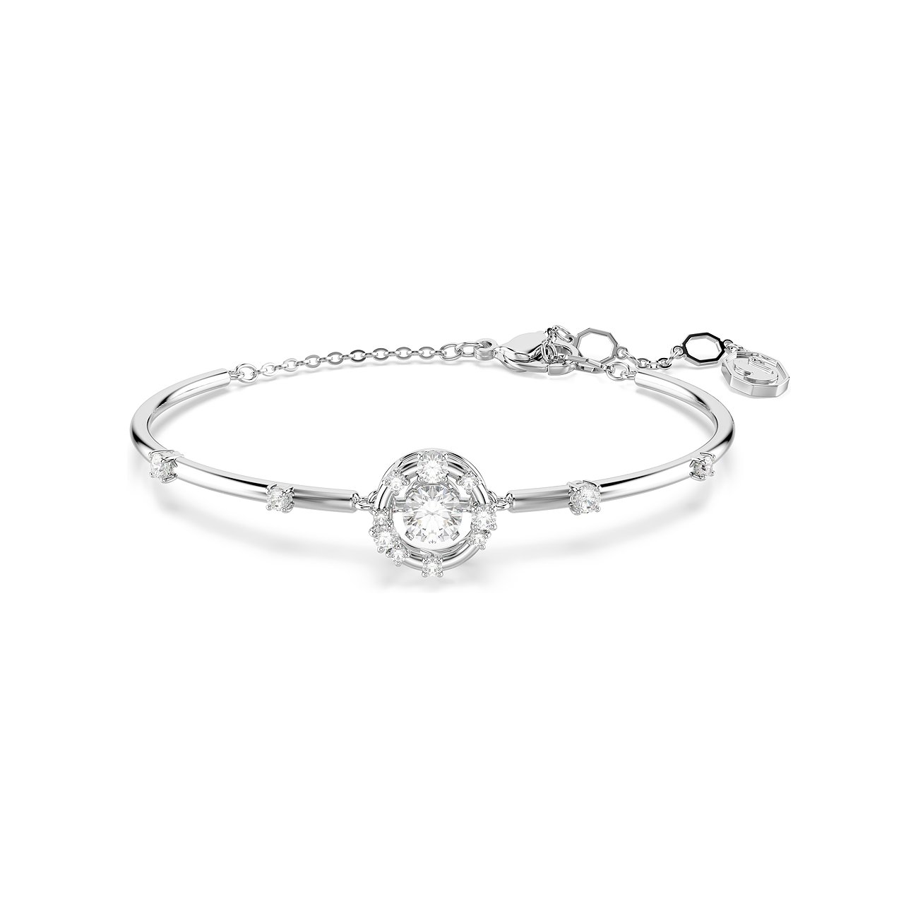 Swarovski Armreif aus Metall mit einem zentralen farblosen Swarovski-Kristall, umringt von kleineren Kristallen.