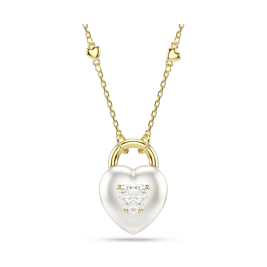 Swarovski Halskette aus goldfarbenem Metall mit herzförmigem weißen Anhänger und einem herzförmigen Swarovski-Kristall.