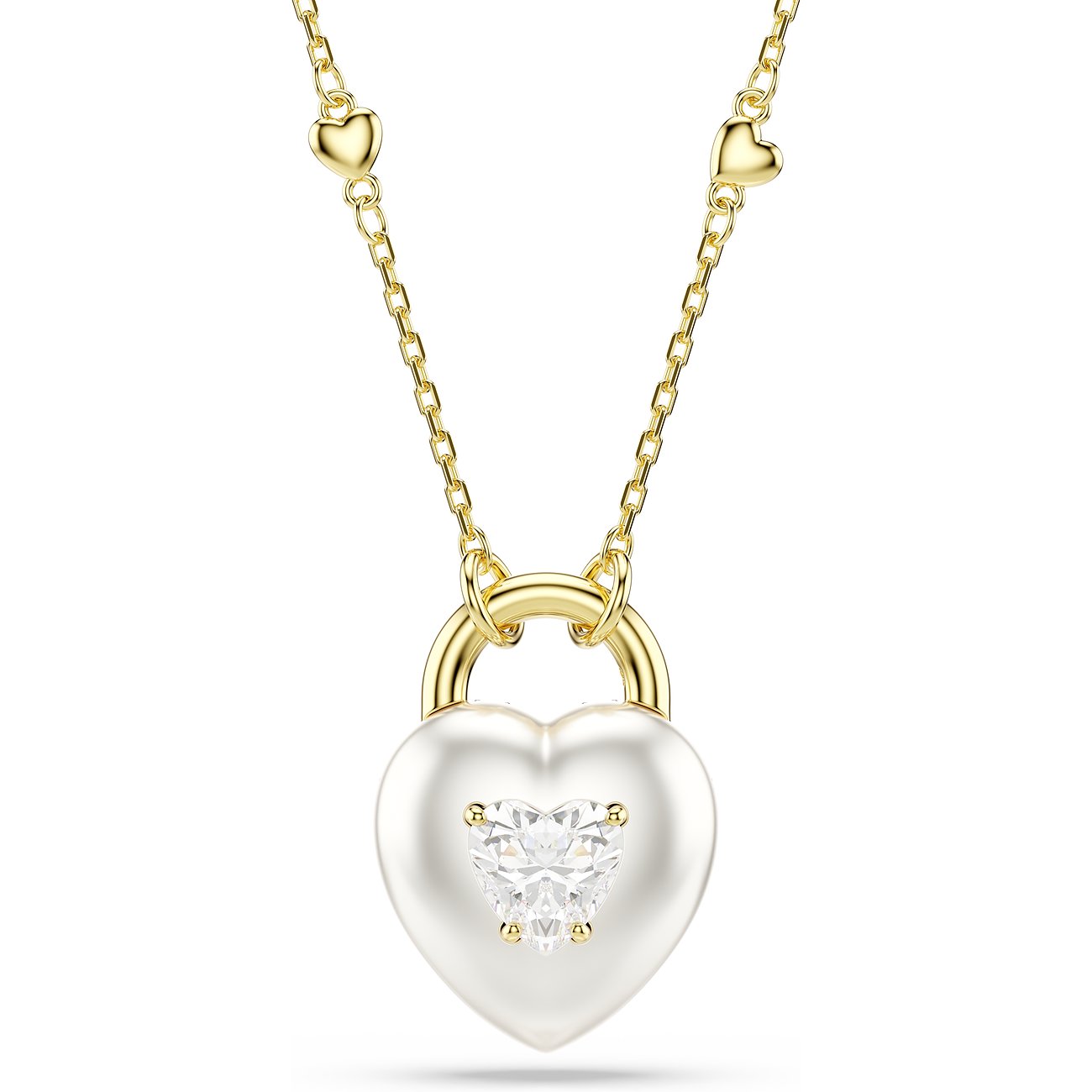 Swarovski Halskette aus goldfarbenem Metall mit herzförmigem weißen Anhänger und einem herzförmigen Swarovski-Kristall.