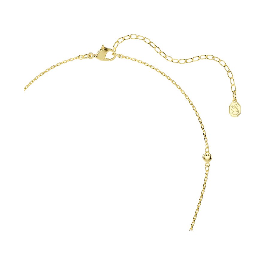 Close-up einer goldenen Halskette aus Metall von Swarovski mit Karabinerverschluss und Verlängerungskette.