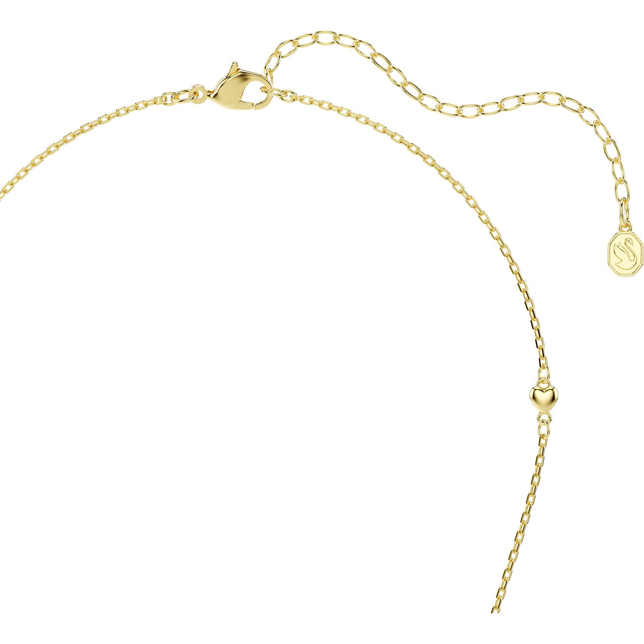 Close-up einer goldenen Halskette aus Metall von Swarovski mit Karabinerverschluss und Verlängerungskette.