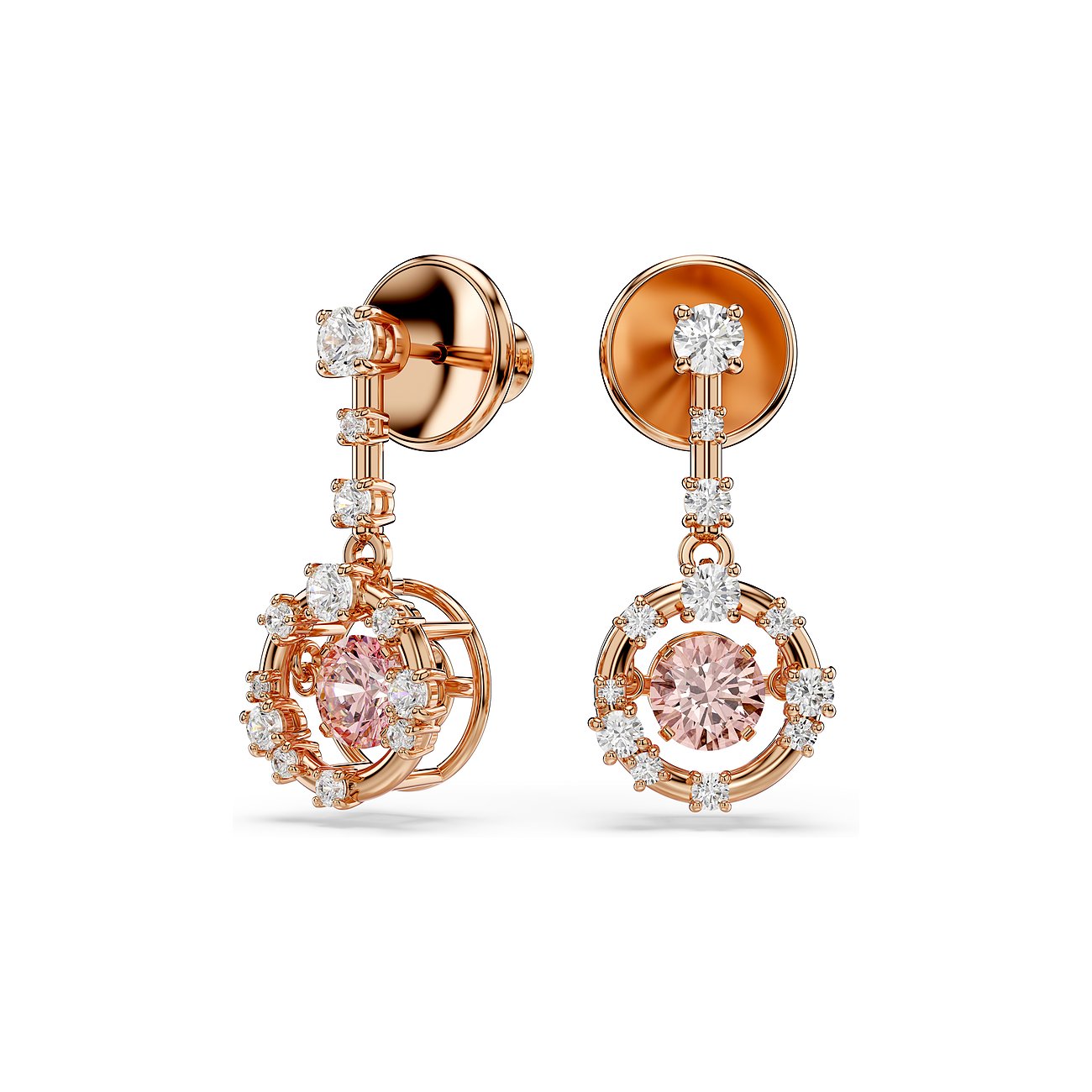 Zwei rosévergoldete Swarovski Ohrringe aus Metall, besetzt mit klaren und einem großen pinkfarbenen Swarovski-Kristall.