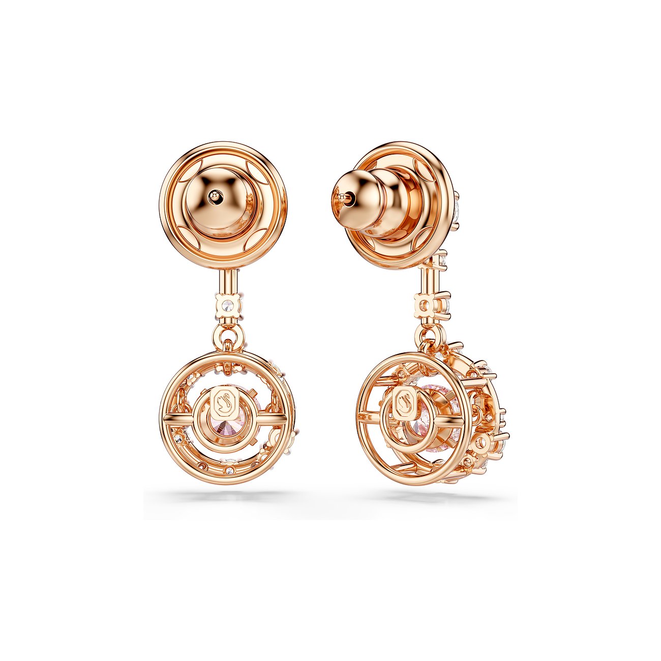 Roségoldfarbene Swarovski Metall-Ohrringe mit baumelnden runden Anhängern, darin ein schwebender pinker Swarovski-Kristall.