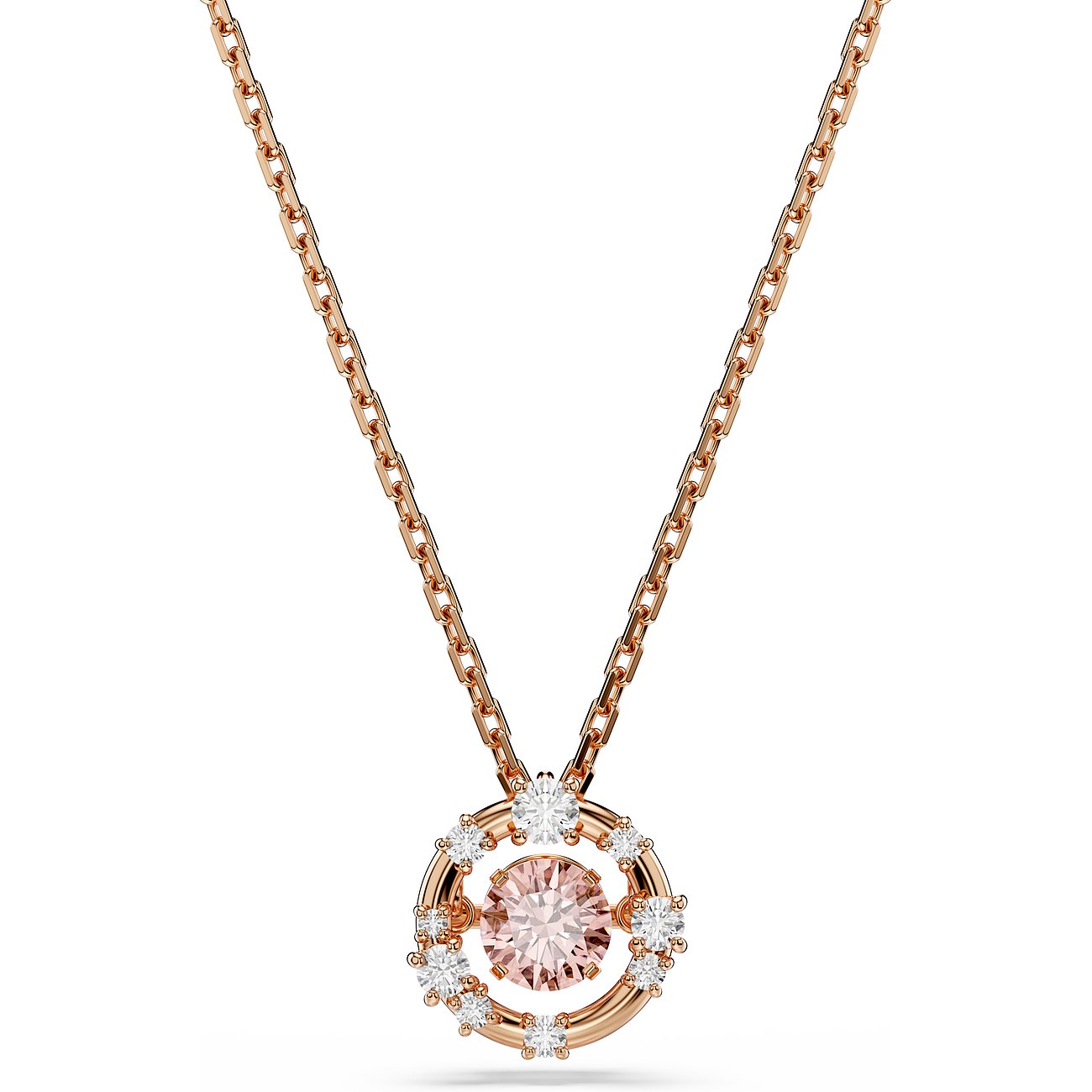 Swarovski Halskette aus roségoldfarbenem Metall mit rundem Anhänger, in dessen Mitte ein rosafarbener Farbstein ist.