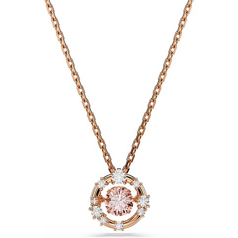 Swarovski halsketting van roségoudkleurig metaal met een rond hangertje met een roze edelsteen in het midden.