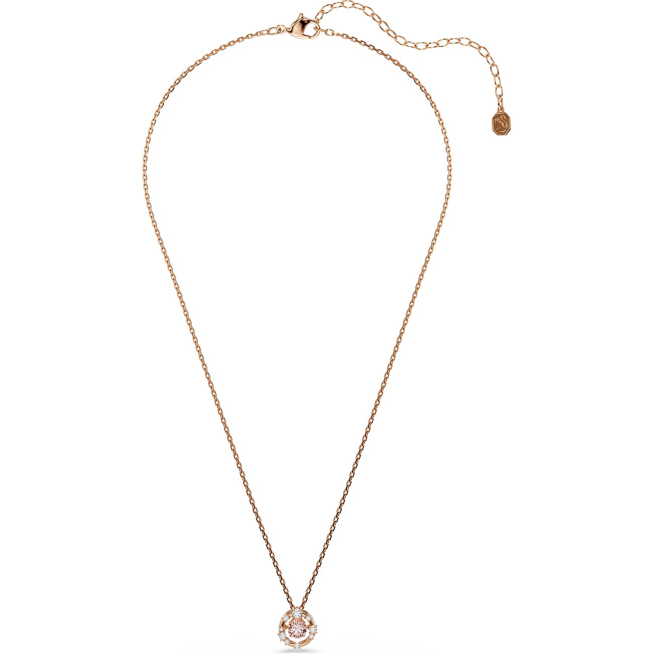 Swarovski Halskette aus roségoldfarbenem Metall mit pinkfarbenem Swarovski-Kristall in einer runden Fassung.