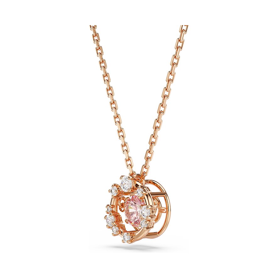 Swarovski Halskette: roségoldenes Metall, runder rosa Farbstein, umgeben von klaren Swarovski-Kristallen.