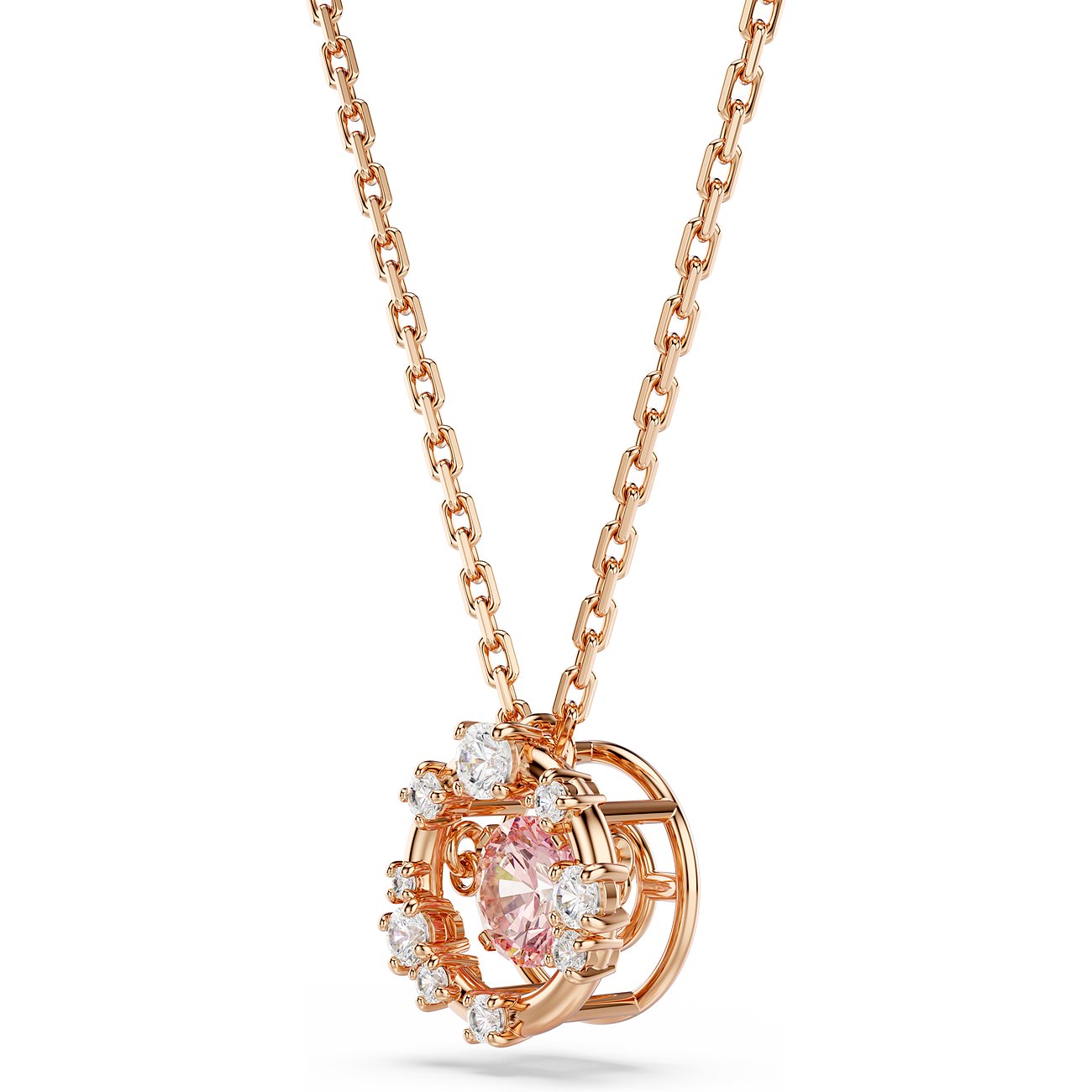 Swarovski Halskette: roségoldenes Metall, runder rosa Farbstein, umgeben von klaren Swarovski-Kristallen.