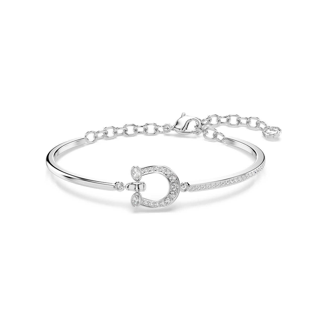 Swarovski Armreif aus Metall, verziert mit Swarovski-Kristallen in Hufeisenform als Mittelstück und entlang einer Seite.