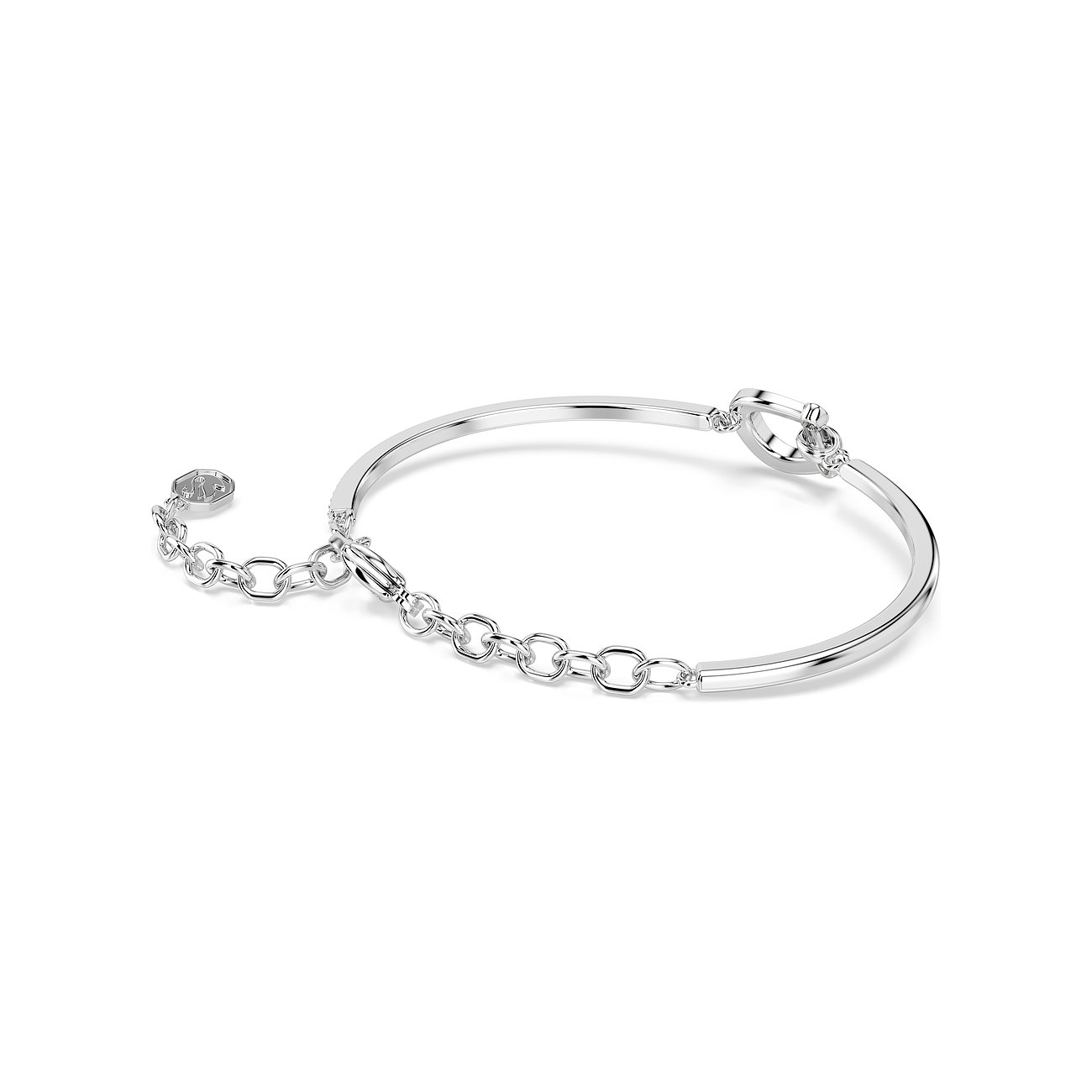 Swarovski Metallarmreif mit Verschlussdetail, das zwei weiße Swarovski-Kristalle in Fassung hält, und Gliederkette.