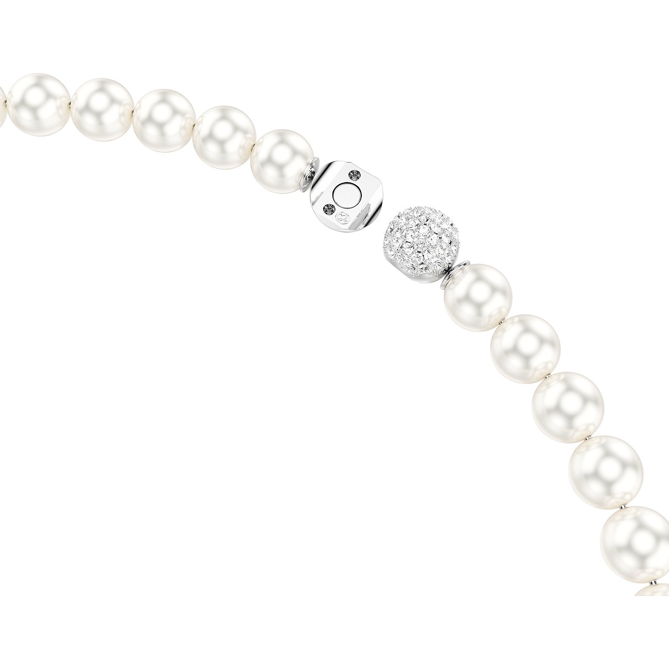 Close-up van een Swarovski metalen ketting met ronde, witte parels en een sprankelend Swarovski kristalelement.