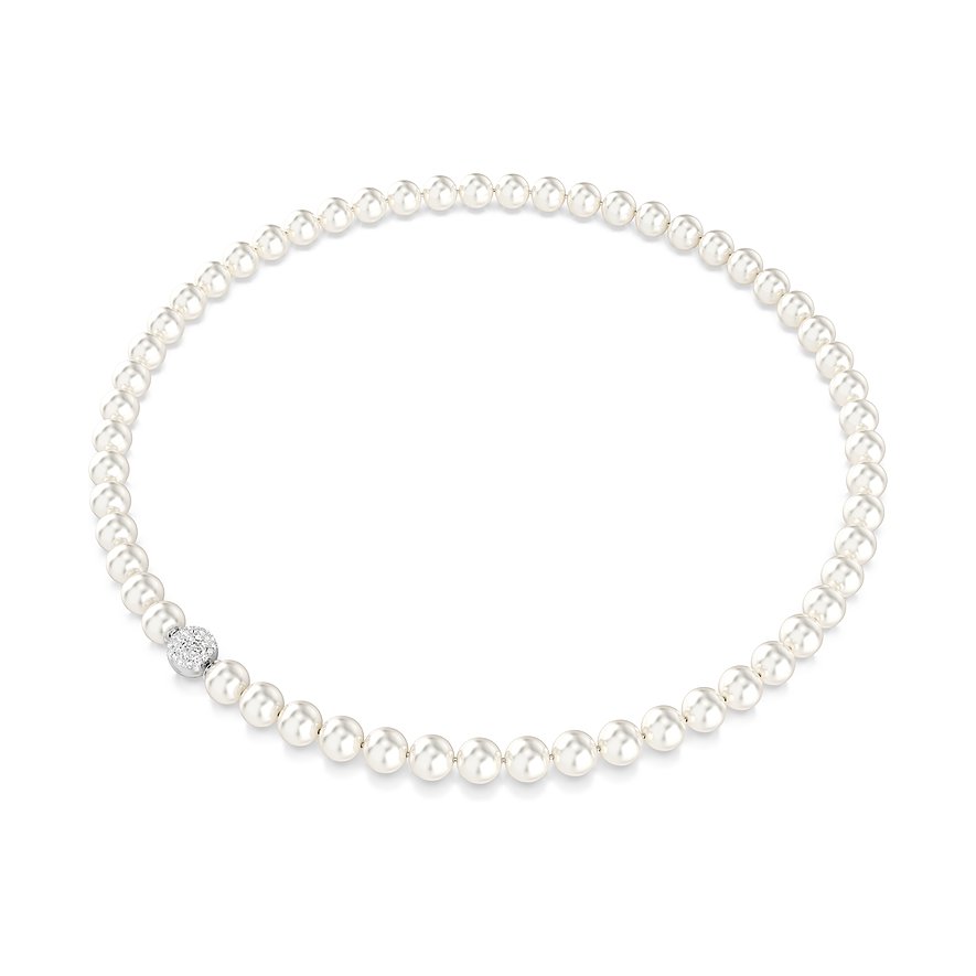 Swarovski metalen halsketting met veel rijen witte parels en een pavé gezette Swarovski kristallen bol.
