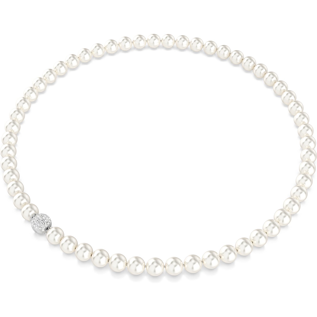 Swarovski metalen halsketting met veel rijen witte parels en een pavé gezette Swarovski kristallen bol.