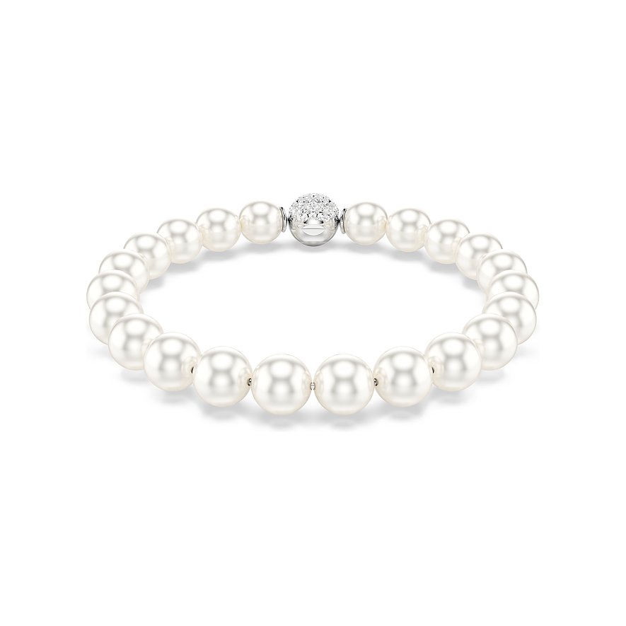 Swarovski Armband aus Metall mit einer Reihe glänzender, weißer Imitationsperlen und einem Verschluss mit Swarovski-Kristall.