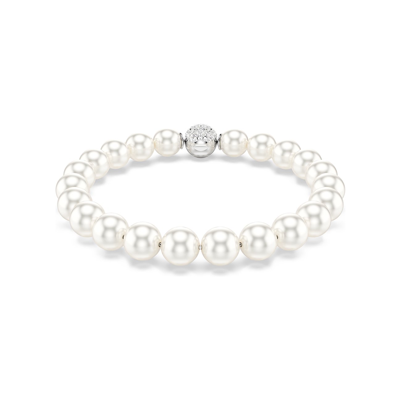 Swarovski Armband aus Metall mit einer Reihe glänzender, weißer Imitationsperlen und einem Verschluss mit Swarovski-Kristall.
