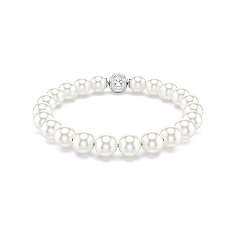 Swarovski Armband aus Metall mit einer Reihe glänzender, weißer Imitationsperlen und einem Verschluss mit Swarovski-Kristall.