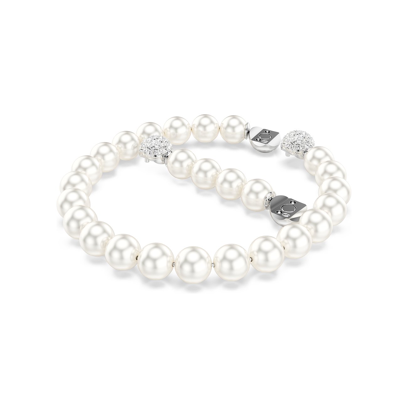 Swarovski Armband aus weißen Perlen und Metall, verziert mit Swarovski-Kristallen an den Verschlüssen.
