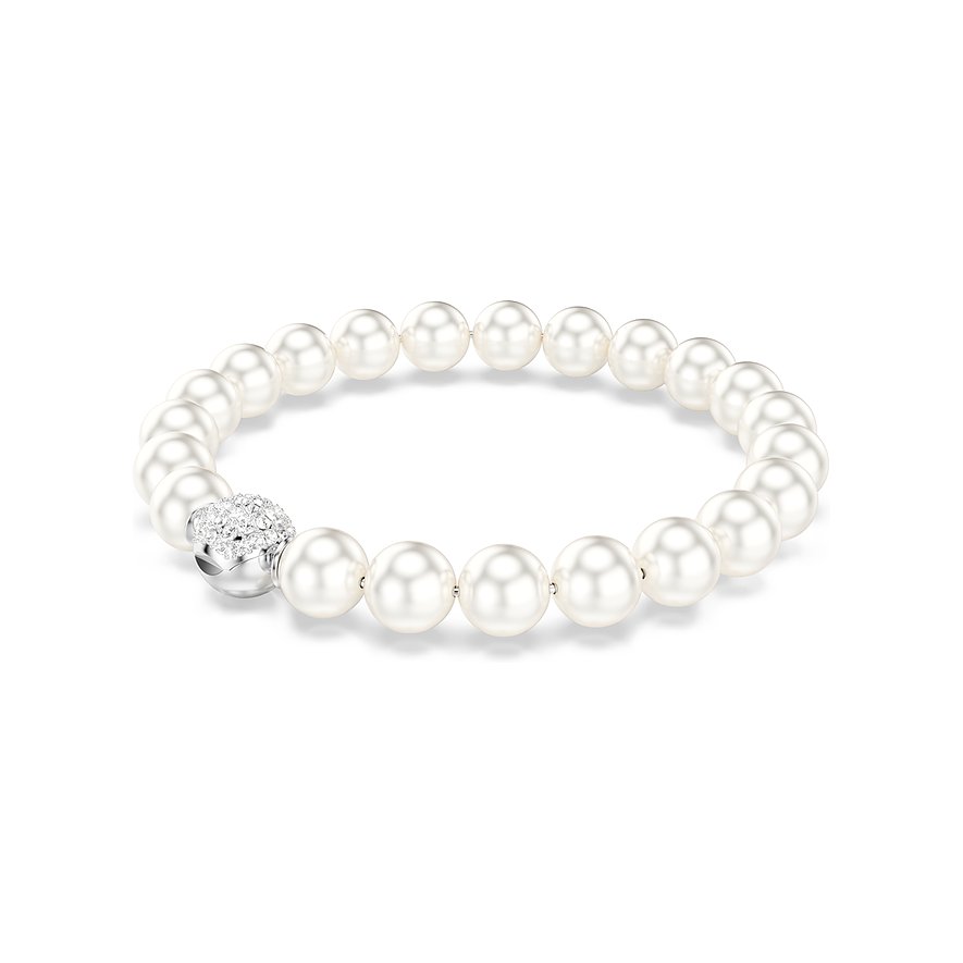 Swarovski Armband: cremefarbene Perlen, rundes Metallelement mit kleinen, klaren Swarovski-Kristallen besetzt.