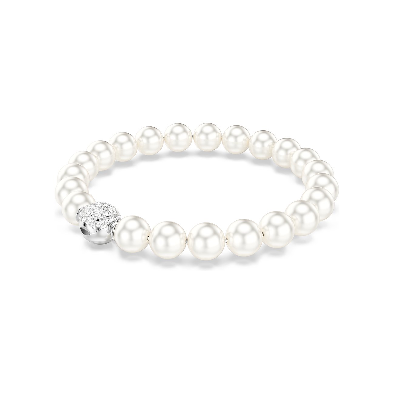 Swarovski Armband: cremefarbene Perlen, rundes Metallelement mit kleinen, klaren Swarovski-Kristallen besetzt.