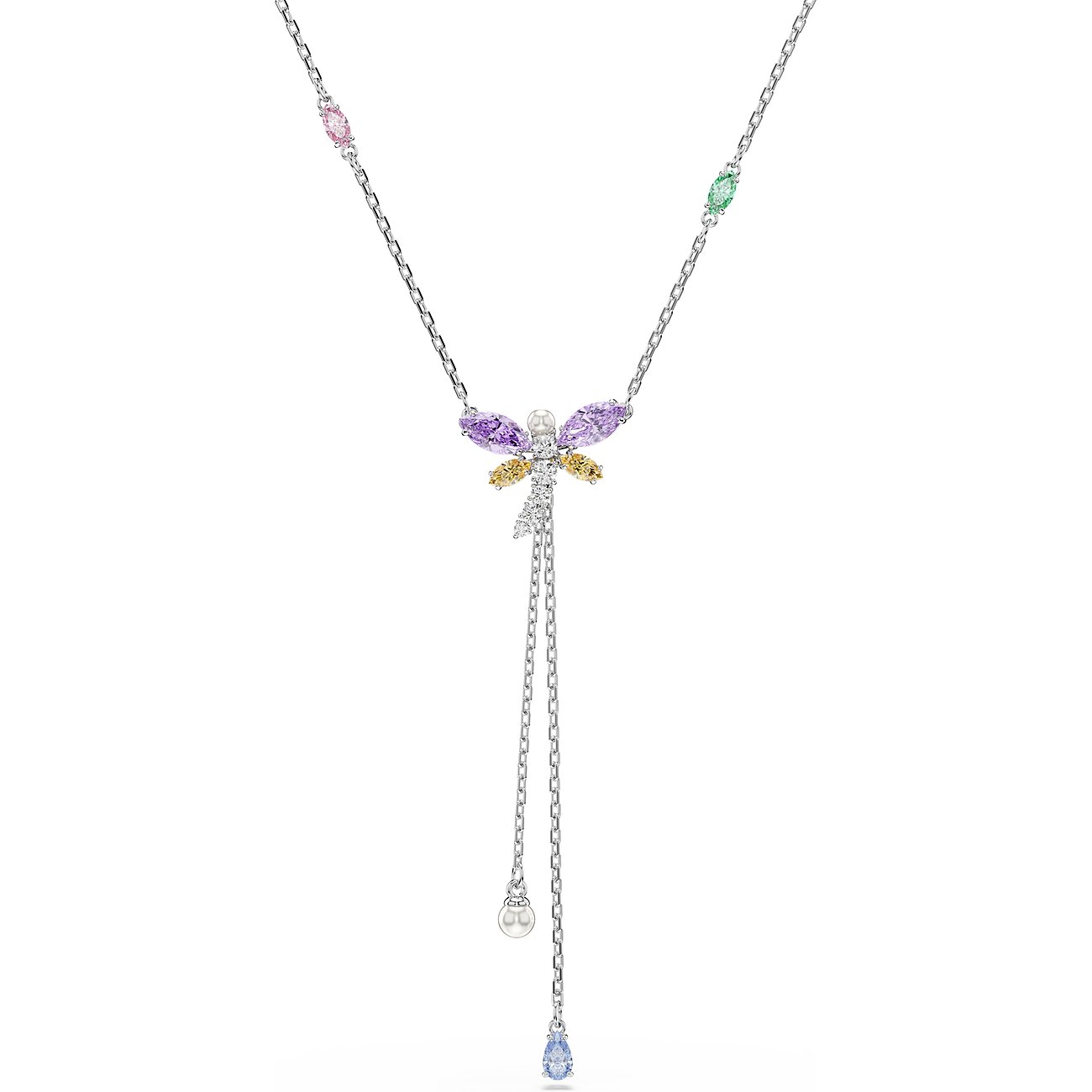 Swarovski-ketting: Metaal, kleurrijke Swarovski-kristallen (libel), twee bungelende kettingelementen.