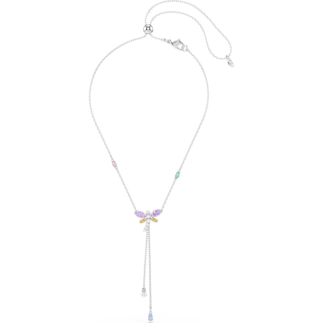 Swarovski metalen ketting met kleurrijke vlinderkristallen. Twee kettingen met bungelende druppelkristallen.