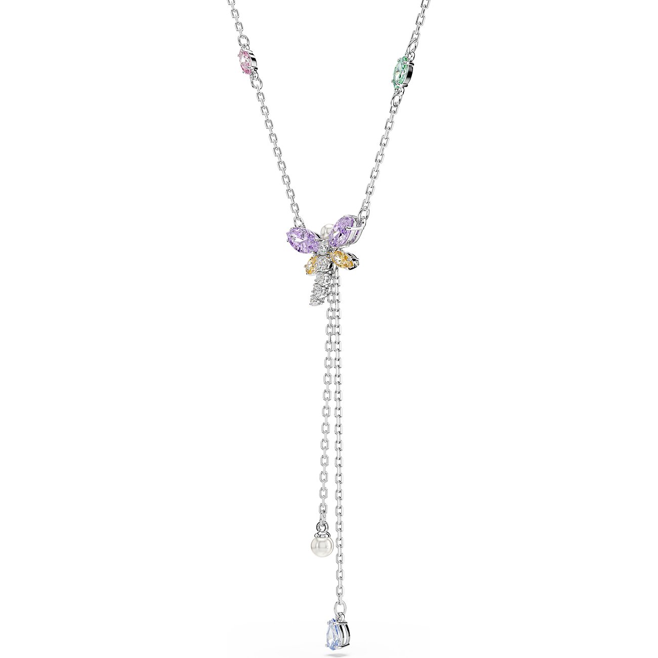 Swarovski metalen halsketting met Y-vormige gelaagde look en meerdere gekleurde Swarovski-kristallen in pasteltinten.