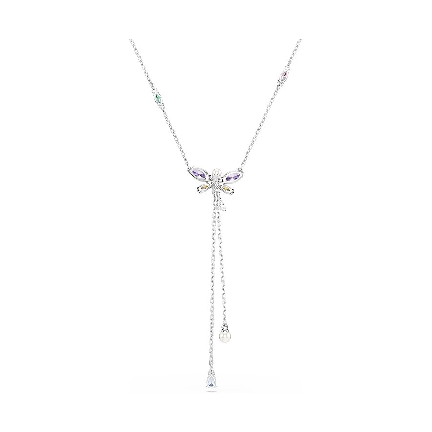 Swarovski metalen ketting met libellenhanger, versierd met veelkleurige Swarovski-kristallen en een parel.