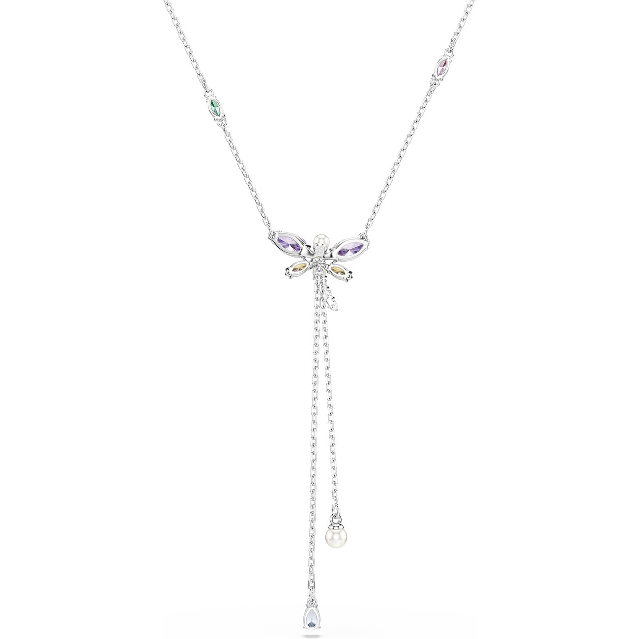 Swarovski metalen ketting met libellenhanger, versierd met veelkleurige Swarovski-kristallen en een parel.