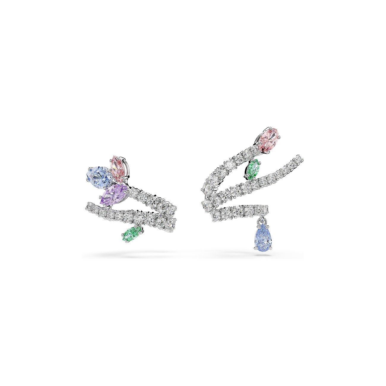 Swarovski Ohrschmuck aus Metall mit bunten Swarovski-Kristallen in Pastelltönen und klaren Schmucksteinen.