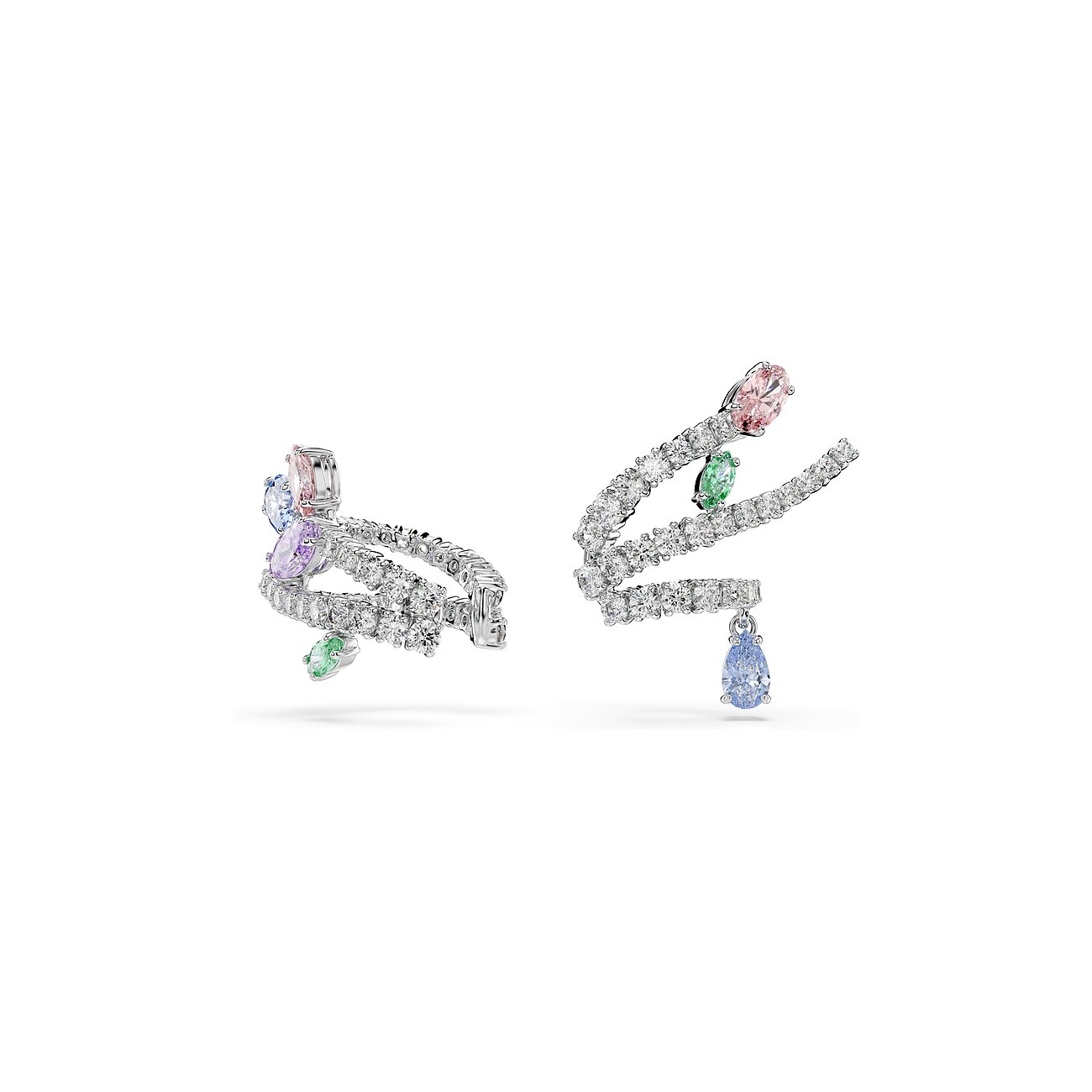 Zwei Swarovski Ohrhänger aus Metall mit funkelnden Swarovski Kristallen in verschiedenen Farben und Größen.