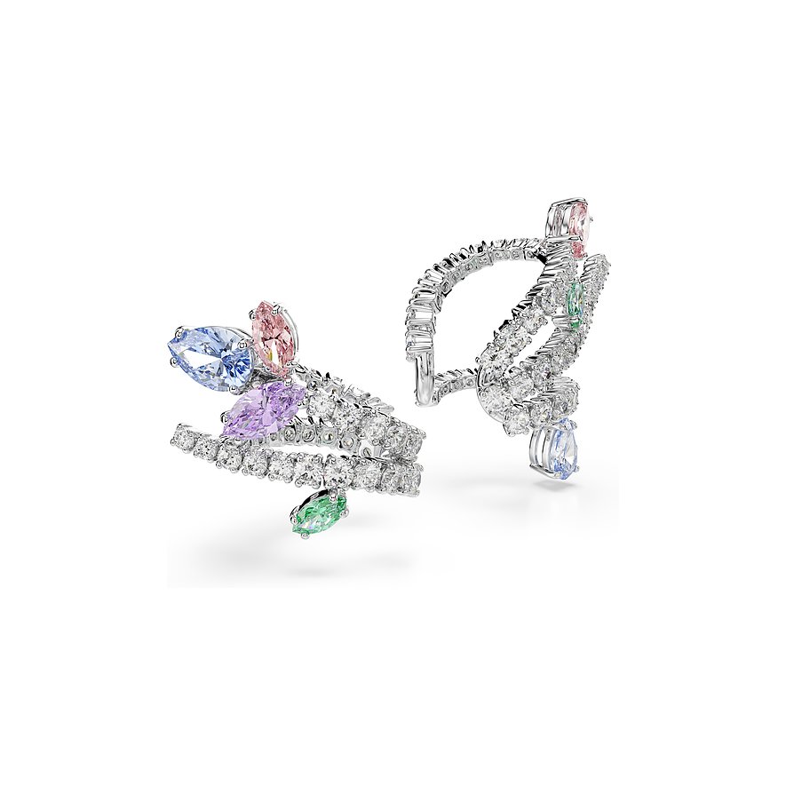 Ein Paar Swarovski Metall-Ohrringe mit farbigen Swarovski-Kristallen in Pastelltönen und klaren Schmucksteinen.