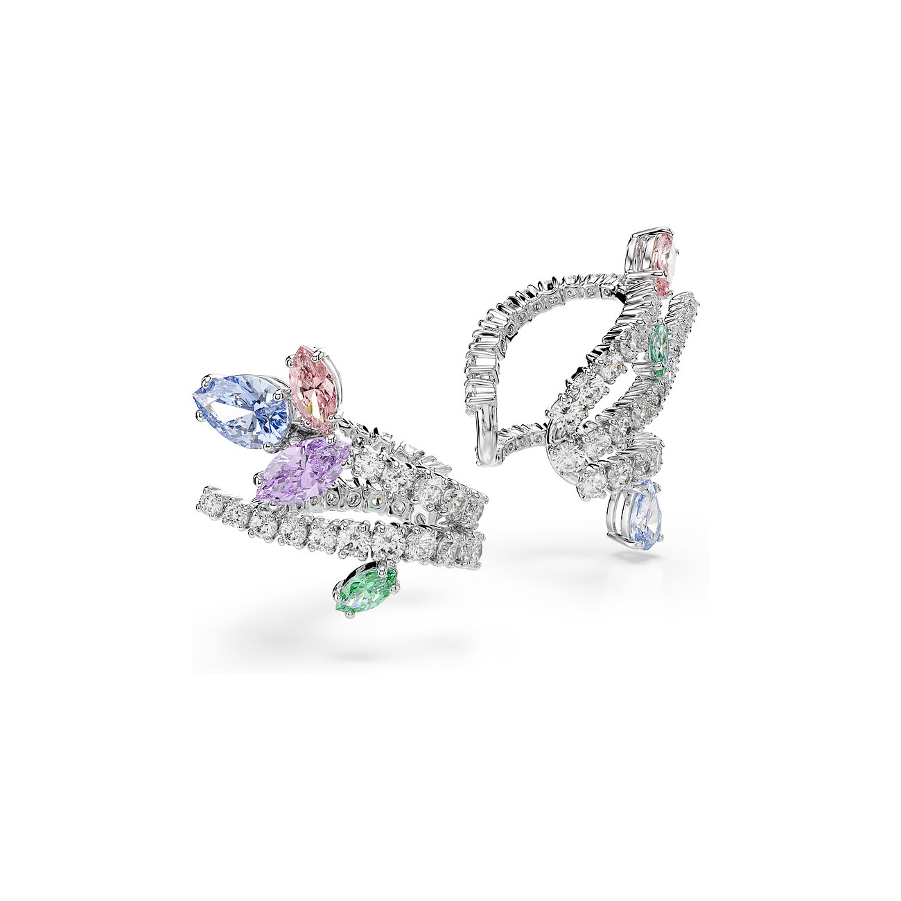 Ein Paar Swarovski Metall-Ohrringe mit farbigen Swarovski-Kristallen in Pastelltönen und klaren Schmucksteinen.