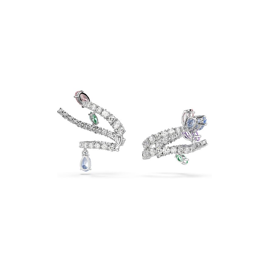 Ein Paar Swarovski-Ohrringe aus Metall mit bunten Swarovski-Kristallen in Pastellfarben und klaren Steinen.