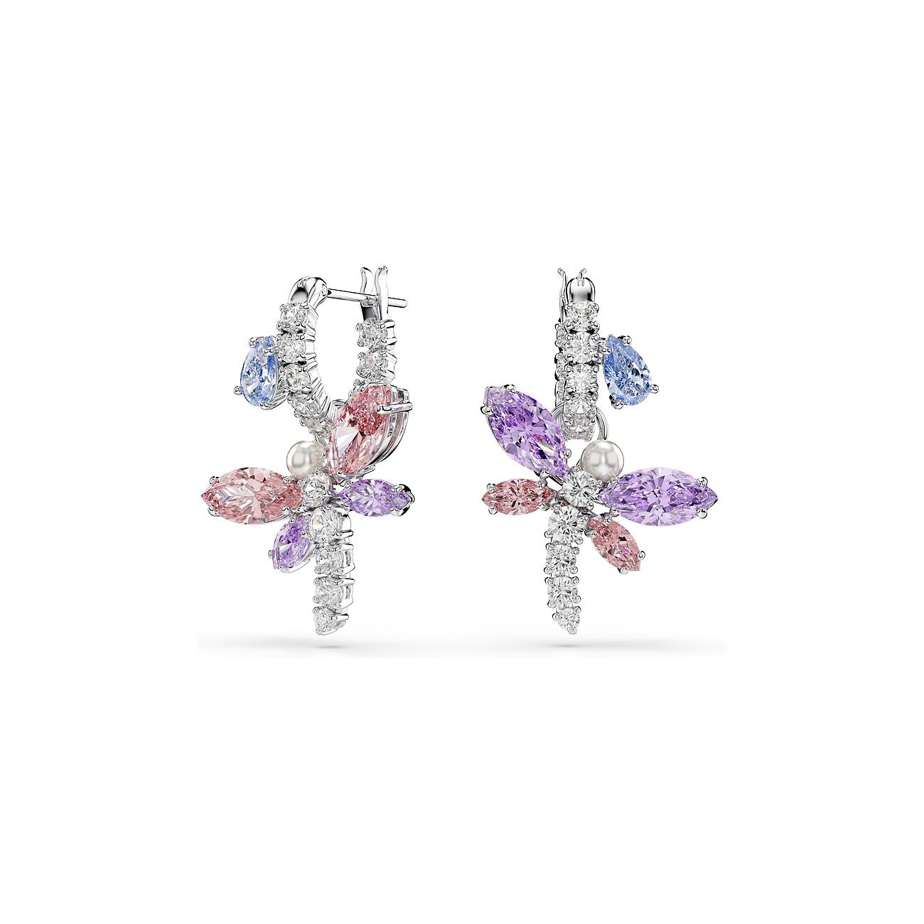 Ein Paar Swarovski Metallohrringe in Form von bunten Libellen, besetzt mit rosa, lila und blauen Swarovski-Kristallen.