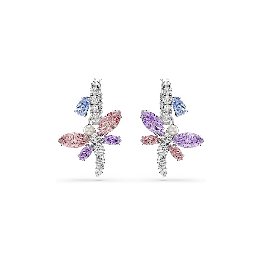 Ein Paar Swarovski Ohrschmuck aus Metall mit bunten Swarovski-Kristallen in Pastellfarben und kleinen Perlen.