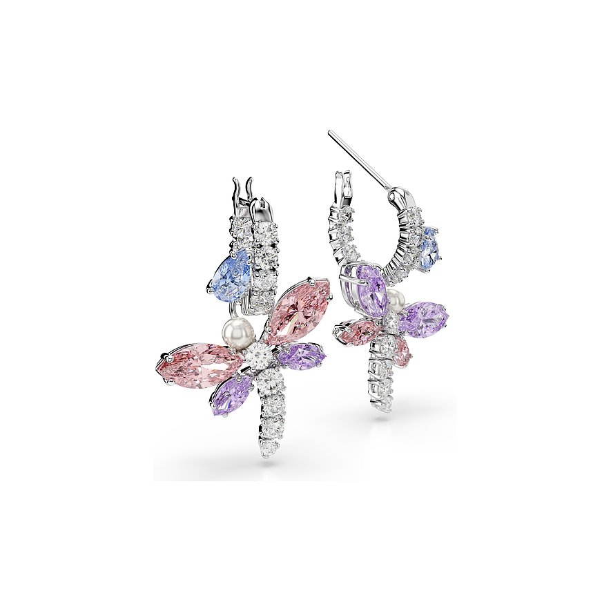 Ein Paar Swarovski-Ohrringe aus Metall in Form von Libellen, besetzt mit farbigen Swarovski-Kristallen.