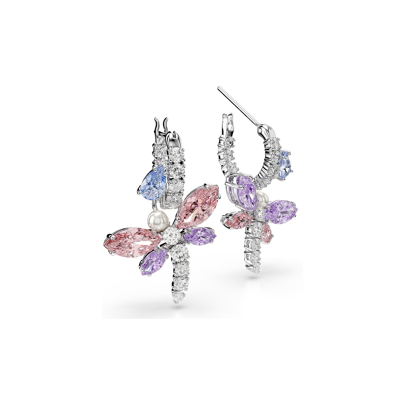 Ein Paar Swarovski-Ohrringe aus Metall in Form von Libellen, besetzt mit farbigen Swarovski-Kristallen.