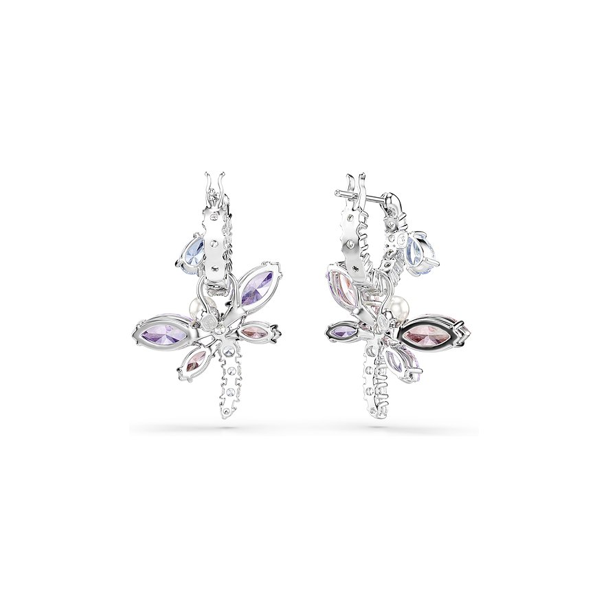 Ein Paar Swarovski Ohrringe aus Metall mit bunten Swarovski-Kristallen in Schmetterlingsform, von vorne gesehen.