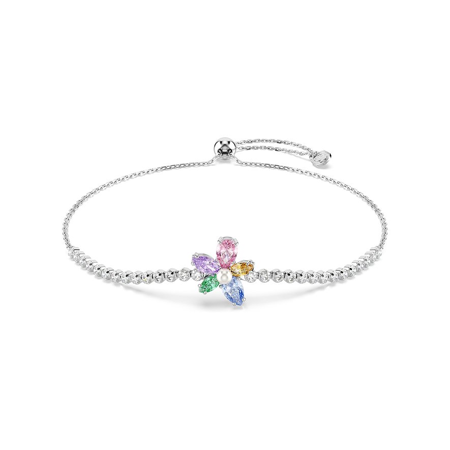 Metallarmband mit einer Blume aus bunten Swarovski-Kristallen und einer Perle in der Mitte.