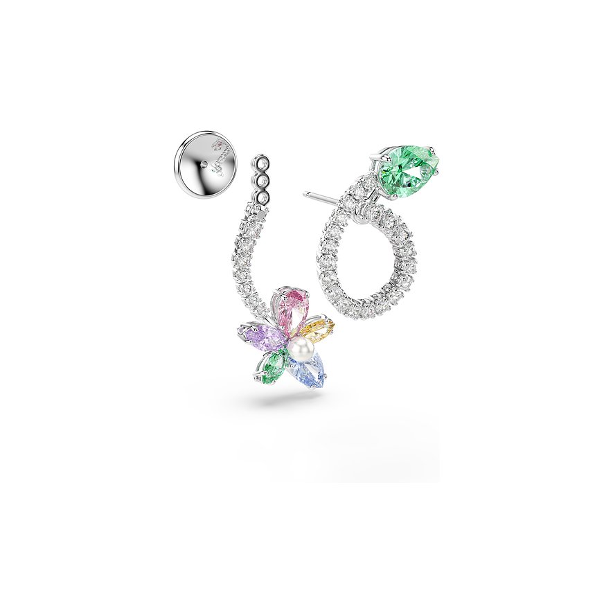 Swarovski Ohrschmuck aus Metall mit bunten Swarovski-Kristallen in Form einer Blume und Pear-Cut Steinen.