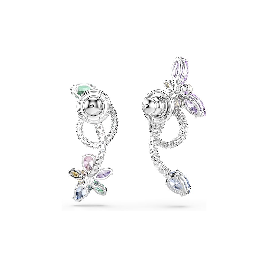 Ein Paar Swarovski Metall Ohrstecker mit baumelnden, farbigen Swarovski-Kristallen in Blumen- und Schmetterlingsform.