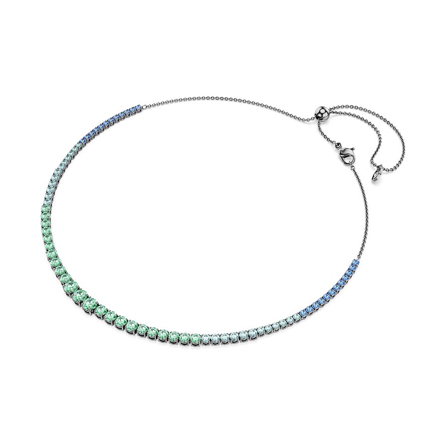 Swarovski Halskette aus Metall mit Farbsteinen in Blau- und Grüntönen, Verlauf von hell nach dunkel.
