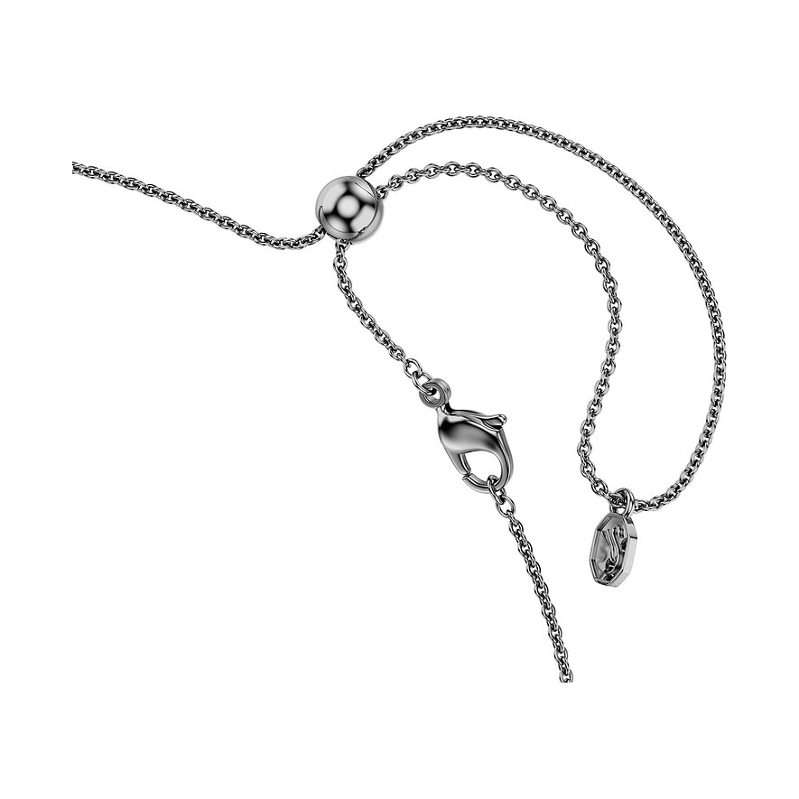 Rückseite einer Swarovski Halskette aus Metall mit Karabinerverschluss, Verlängerungskette und einem runden Schiebeelement.