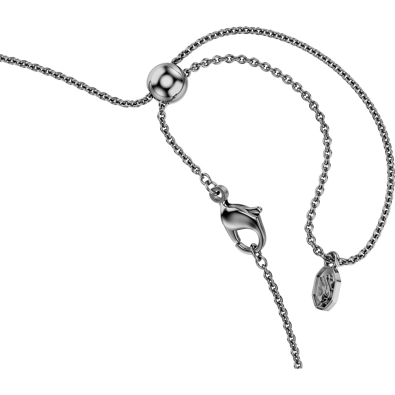 Rückseite einer Swarovski Halskette aus Metall mit Karabinerverschluss, Verlängerungskette und einem runden Schiebeelement.