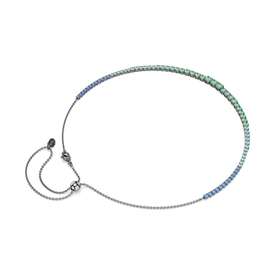 Swarovski Halskette aus Metall mit blauen und grünen Farbsteinen in einer Reihe, mit verlängerter Kette.