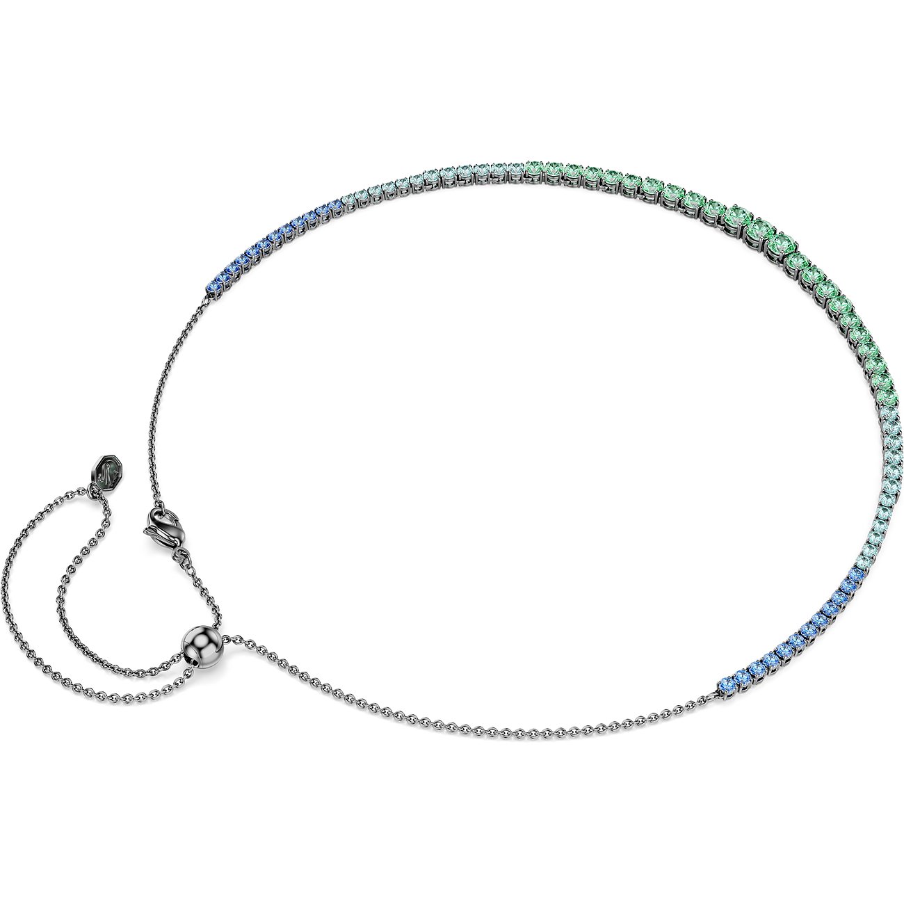 Swarovski Halskette aus Metall mit blauen und grünen Farbsteinen in einer Reihe, mit verlängerter Kette.