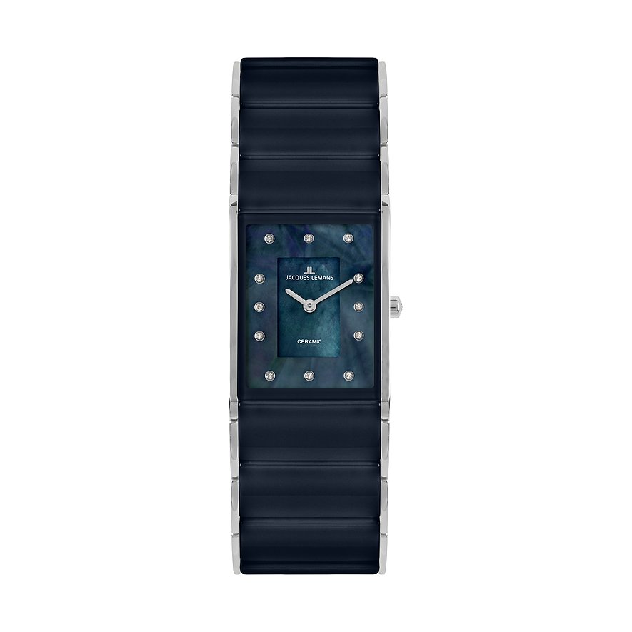 Jacques Lemans Damenuhr aus Edelstahl mit rechteckigem Zifferblatt in tiefem Blau und glitzernden Schmucksteinen.